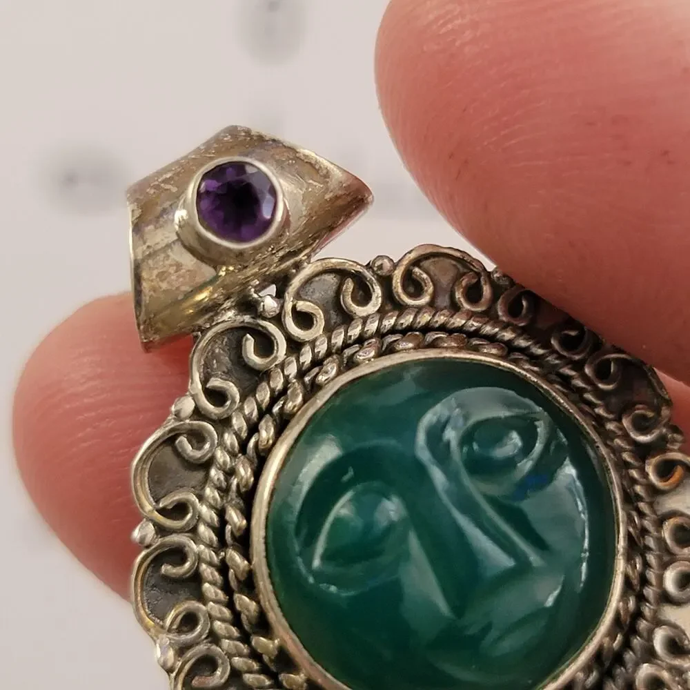 Womens Watch Green Dial Sterling Silver Case Filigree Carved Face Amethyst Bail
